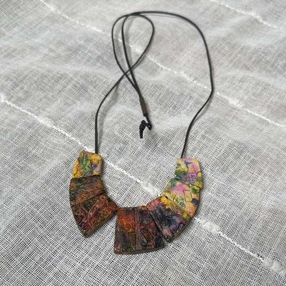 Artisan Handcrafted Multicolor Mosaic Tile Inspired Tribal Sculpted Necklace EUC - Picture 13 of 16